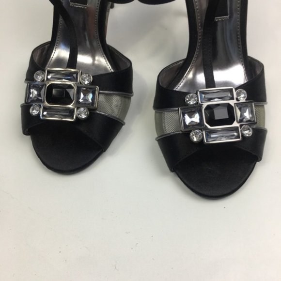 Nina Black/Silver Satin Jewel Heel Peep-Toe Pumps - Picture 12 of 12